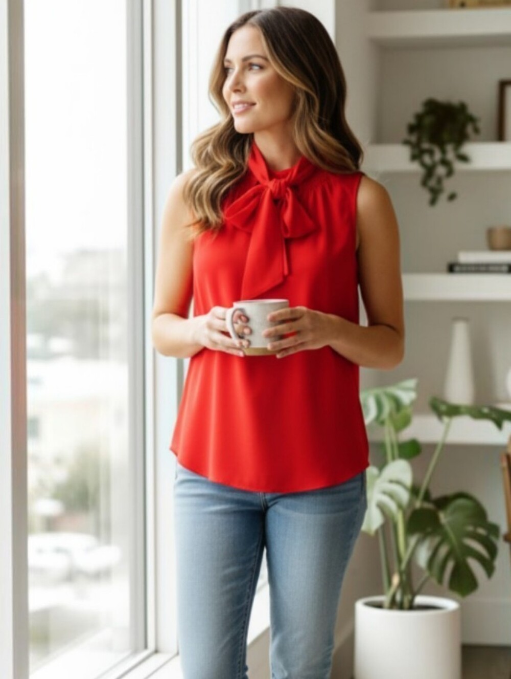 LOFT Smocked Tie Neck Top